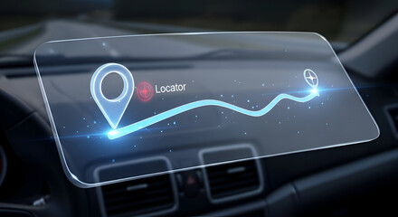 Futuristic Car Navigation System Displaying Route and Location.