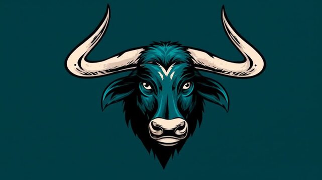 Stylized bull head with large horns on teal background