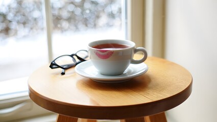Obraz premium Romantic Winter Morning: Steaming Tea, Lipstick Kiss, Eyeglasses on Wooden Table by Window