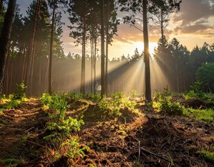 Sunrise in Pine Forest with Crepuscular Rays