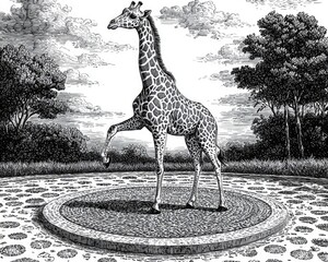 A giraffe in a serene, stylized landscape