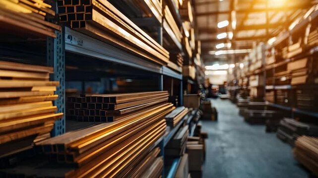 Rows of long rectangular steel tubes stacked on shelves in a warehouse.