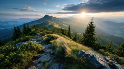 Majestic Mountain Trail: A captivating vista of a mountain range, the sun's golden rays illuminating a scenic path, with a sense of adventure and the vastness of nature.