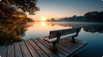 Sunrise Serenity by Lake: A serene lakeside scene at dawn, showcasing a wooden bench on a dock with the sun rising over the water, casting a warm glow on the misty landscape.