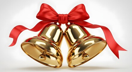 Two golden christmas bells tied with a red ribbon and bow, isolated on white background