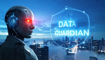 A futuristic "data guardian" statue with glowing eyes watches over a secure data city, symbolizing constant vigilance