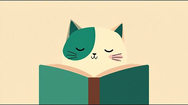 A cute cat with a green patch on its face peacefully reading a book in a serene setting