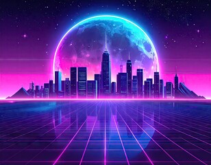Synthwave Cityscape with Glowing Neon Horizon and Pixelated Moon