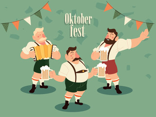 Cheerful Bavarian Men in Lederhosen Celebrating Oktoberfest with Beer Mugs and Accordion Music in a Festive Flat Vector Illustration