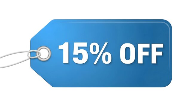 Fifteen percent off discount sale promotion retail offer price tag blue marketing shopping special deal 15% off on transparent background