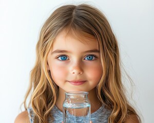 A young girl holding a glass of water, looking directly at the camera