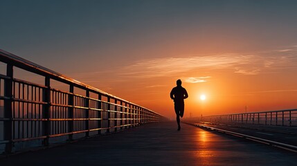 Silhouette of a Runner: A lone figure sprints forward on a long bridge, silhouetted against a stunning sunset. This captures the beauty of perseverance, strength, and a focus on achieving goals.