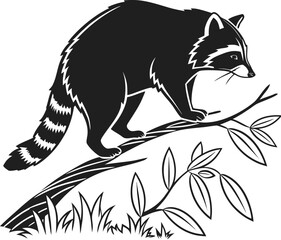 Obraz premium Detailed Black and White Raccoon Illustration with Botanical Elements