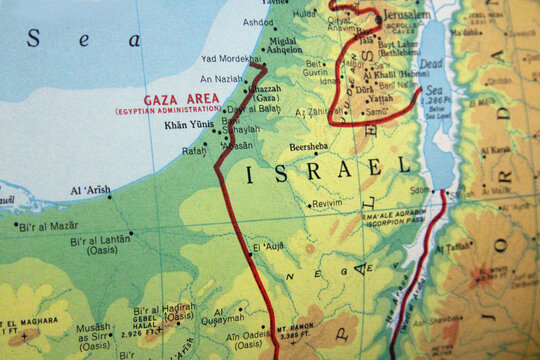 Vintage map of Israel and Gaza, circa 1950s&ndash;1960s, showing Gaza Area under Egyptian administration, West Bank, Dead Sea, and surrounding regions with cities and borders.