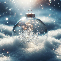 Transparent glass Christmas ball in snow