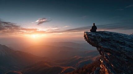 Serene Contemplation at Sunset: A solitary figure finds peace atop a mountain peak, meditating as the sun dips below the horizon, casting a warm glow over the tranquil landscape.