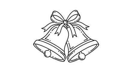 A simple black and white line drawing of two wedding bells tied together with a bow, isolated on a white background, representing celebration and union