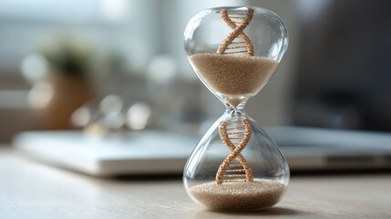 Hourglass with DNA Double Helix and Falling Sand Representing Time, Genetics, and Biological Aging Process