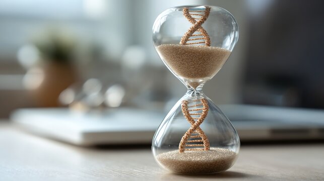 Hourglass with DNA Double Helix and Falling Sand Representing Time, Genetics, and Biological Aging Process