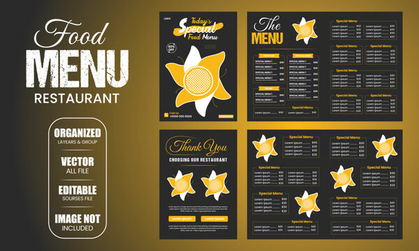 Food Menu Design Yellow Black White Full Edit Set 
