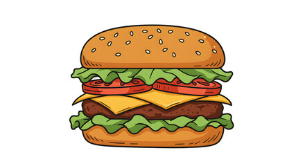 Delicious Cartoon Hamburger with Sesame Seed Bun and Fresh Toppings png clear alpha channel cutout isolated on transparent background