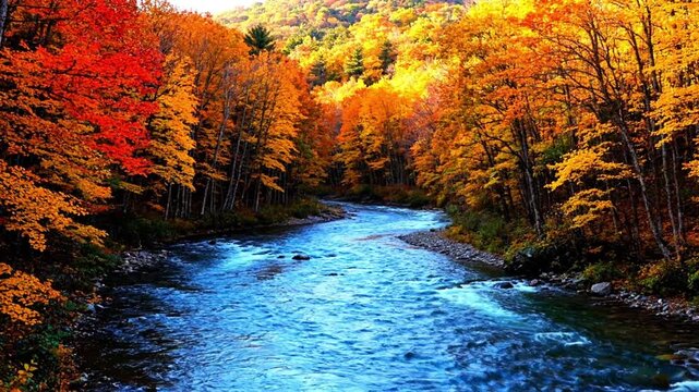 Vibrant Autumn River Flowing Through a Colorful Forest Landscape with Bright Fall Foliage and Rushing Blue Water Creating a Serene Natural Beauty Scene