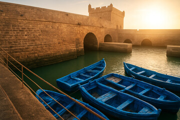 Blue Fishing Boats at the Historic Fortress of Essaouira, Morocco
