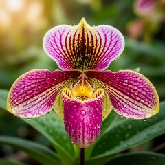 A vibrant, detailed close-up of a stunning orchid, showcasing intricate patterns and glistening water droplets.