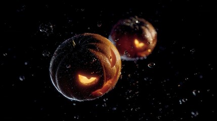 Fototapeta premium Abstract Halloween pumpkins floating in dark space on a black background, eerie autumn concept with orange gourds suspended in midair and copy space for seasonal banners, posters and social media