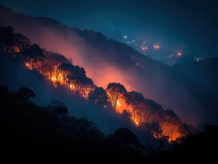 Intense orange flames engulf a forest on a hillside at night as a dangerous wildfire spreads quickly in the darkness, threatening nearby communities and nature.