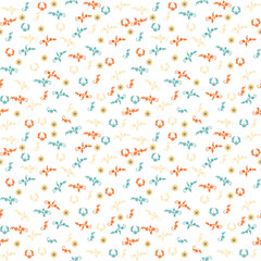 Delicate floral pattern with small colorful botanical motifs in red, green, and yellow on a light background
