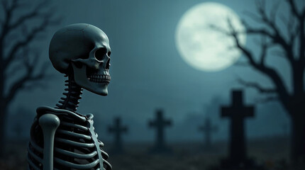 Spooky graveyard scene of skeleton in cemetery at night backdrop background with space for text overlay