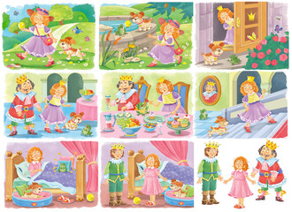 The Frog Prince. Fairy tale. Coloring page. Set of cute illustrations for children