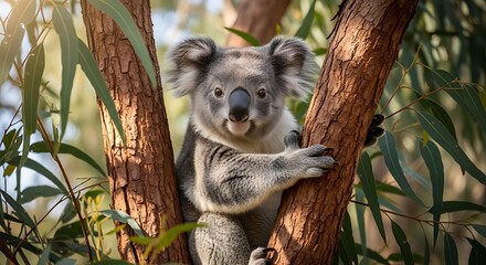 A cuddly koala, with soft fur, securely nestled in a lush eucalyptus tree, beams with contentment.