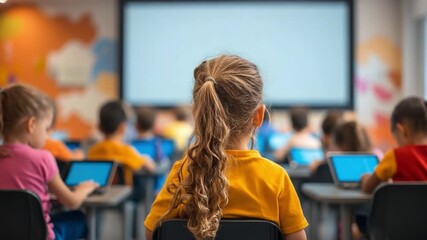 Learning in Classroom: A young girl sits attentively in a bustling classroom, eyes fixed on the interactive whiteboard, symbolizing learning and the pursuit of knowledge. - Powered by Adobe