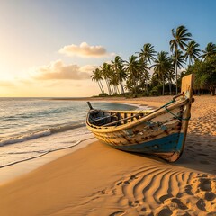 A tranquil scene of a weathered fishing boat resting on a golden beach at sunrise, bathed in soft, warm light.