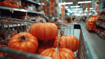 Festive Halloween pumpkins inside a metal shopping cart in a supermarket aisle, showcasing a seasonal autumn retail concept for grocery shopping, fall promotions, holiday decor, and cozy spooky vibes