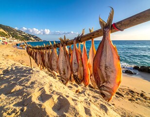 Dried fish hanging on beach