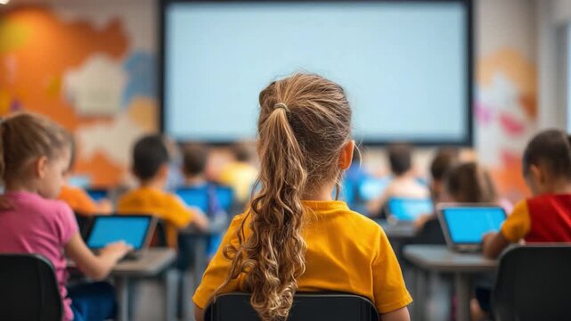 Learning in Classroom: A young girl sits attentively in a bustling classroom, eyes fixed on the interactive whiteboard, symbolizing learning and the pursuit of knowledge.