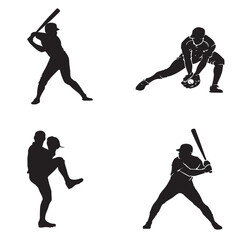 A set of black baseball player designs. Suitable for use in visual elements or posters.