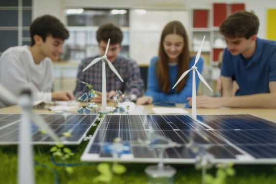 Students collaborate on renewable energy project using solar panels and wind turbines