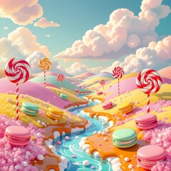 Candy Land Fantasy Landscape with Colorful Macarons, Lollipops, and Sweet River, Generated AI