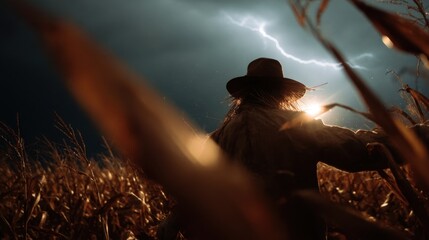 Spooky scarecrow looming in a dark cornfield at night as lightning rips through a stormy sky, creating an eerie Halloween mood with dramatic silhouette, ominous clouds, and autumn atmosphere
