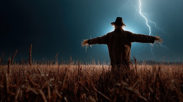 Eerie scarecrow looming in a dark cornfield as lightning splits a stormy night sky, creating a spooky Halloween horror atmosphere above a rural autumn farm landscape with dramatic, moody clouds.