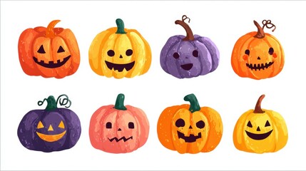 Stylized cartoon pumpkins with cute and spooky faces, a playful Halloween illustration of carved jack o lantern characters in warm autumn colors on a background, for posters, stickers, and decor