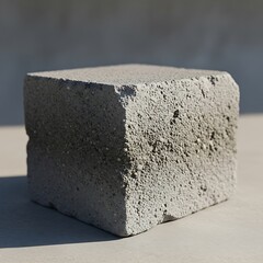 A cubic concrete block, textured with small pits, sits on a light surface, casting a subtle shadow.