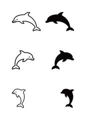 Collection of black and white dolphin icons, featuring a variety of jumping and swimming poses of a smart marine mammal.
