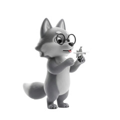 Obraz premium Whimsical Wolf Character with Glasses Ponders Origami Bird on Black Backdrop