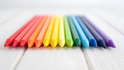 Vibrant Rainbow Colored Pencils on White Wood Background: Creative Art Supplies
