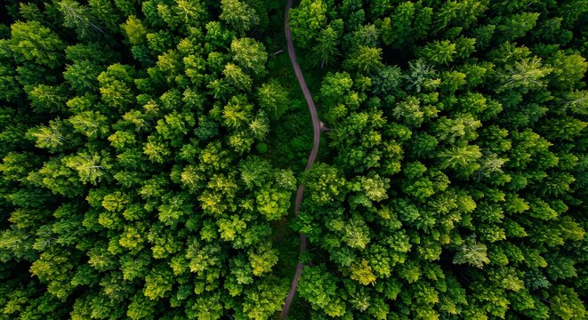 Aerial view of a dense forest with a winding path cutting through the green canopy - Powered by Adobe
